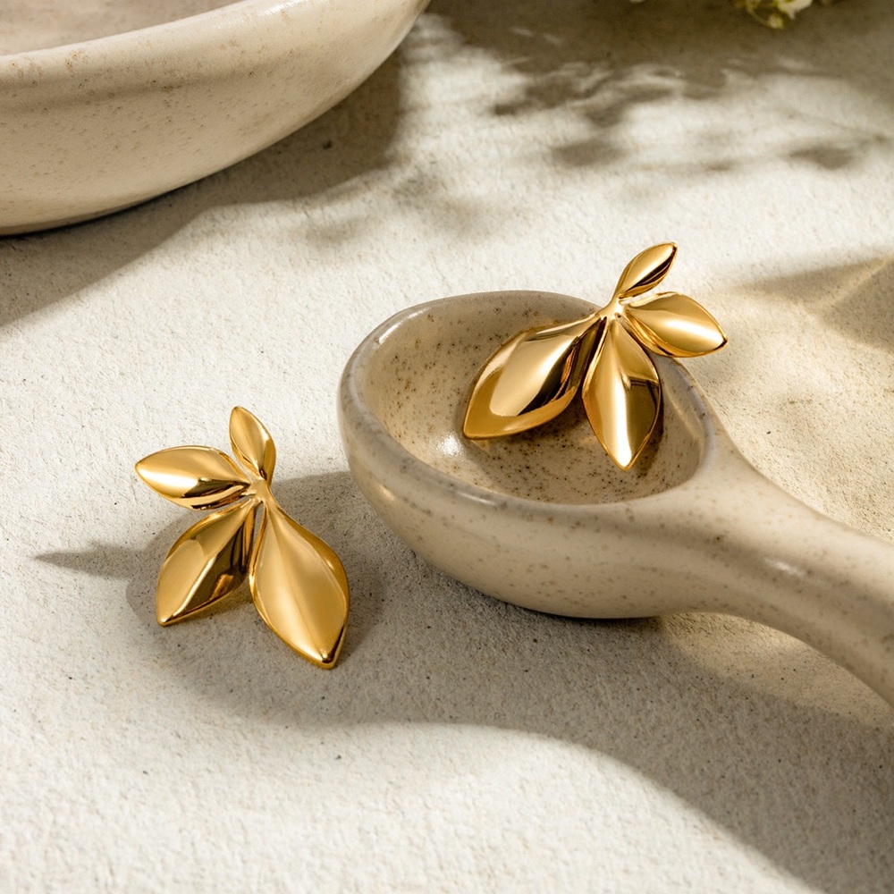 Gold Sculptural Leaf Earrings Minimalist Design